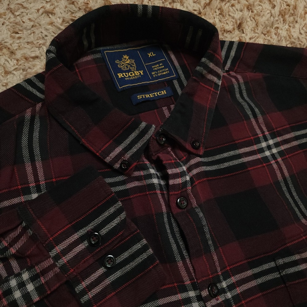 Rugby University Button Down Mens XL Burgundy Plaid Stretch Long Sleeve Shirt